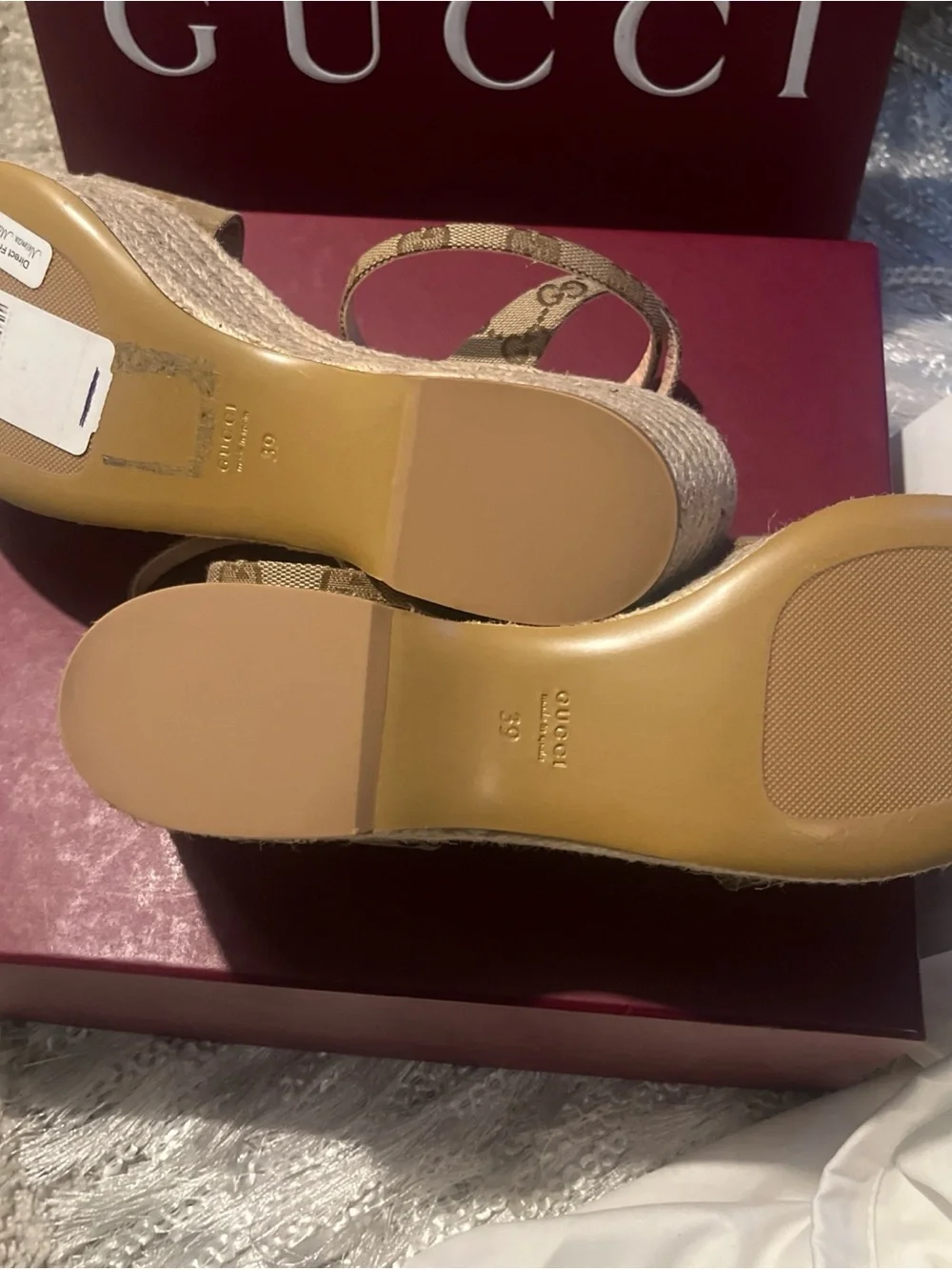 Gucci Brown Monogram Platform Espadrille Sandals with Gold Hardware